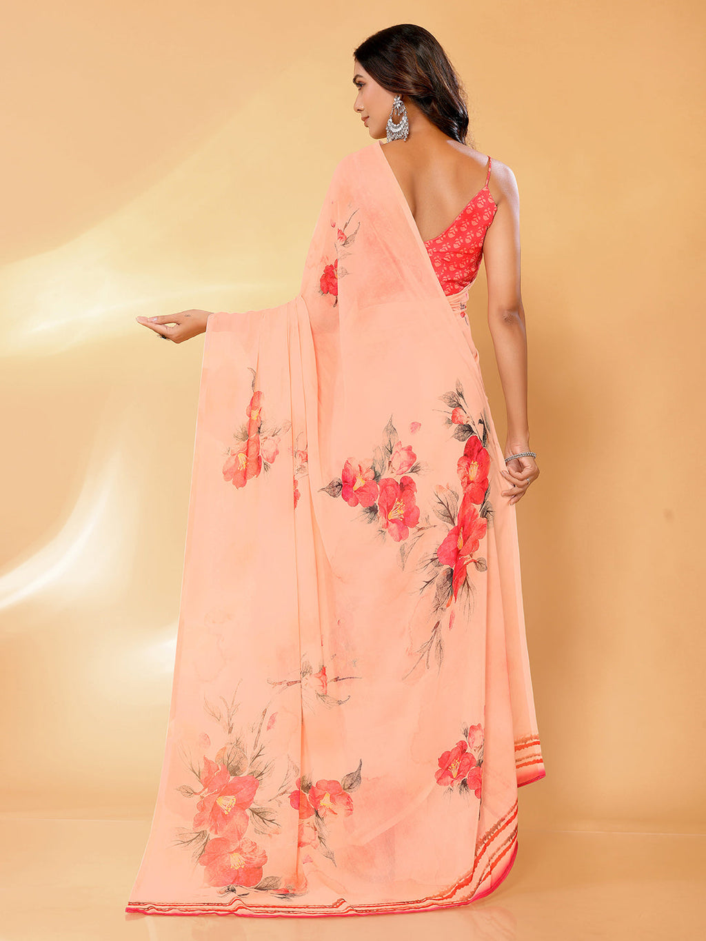 Janasya Peach Georgette Floral Printed Saree - Distacart