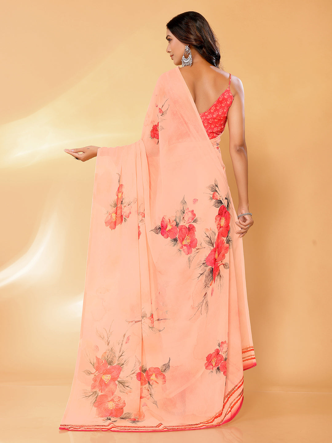 Janasya Peach Georgette Floral Printed Saree - Distacart
