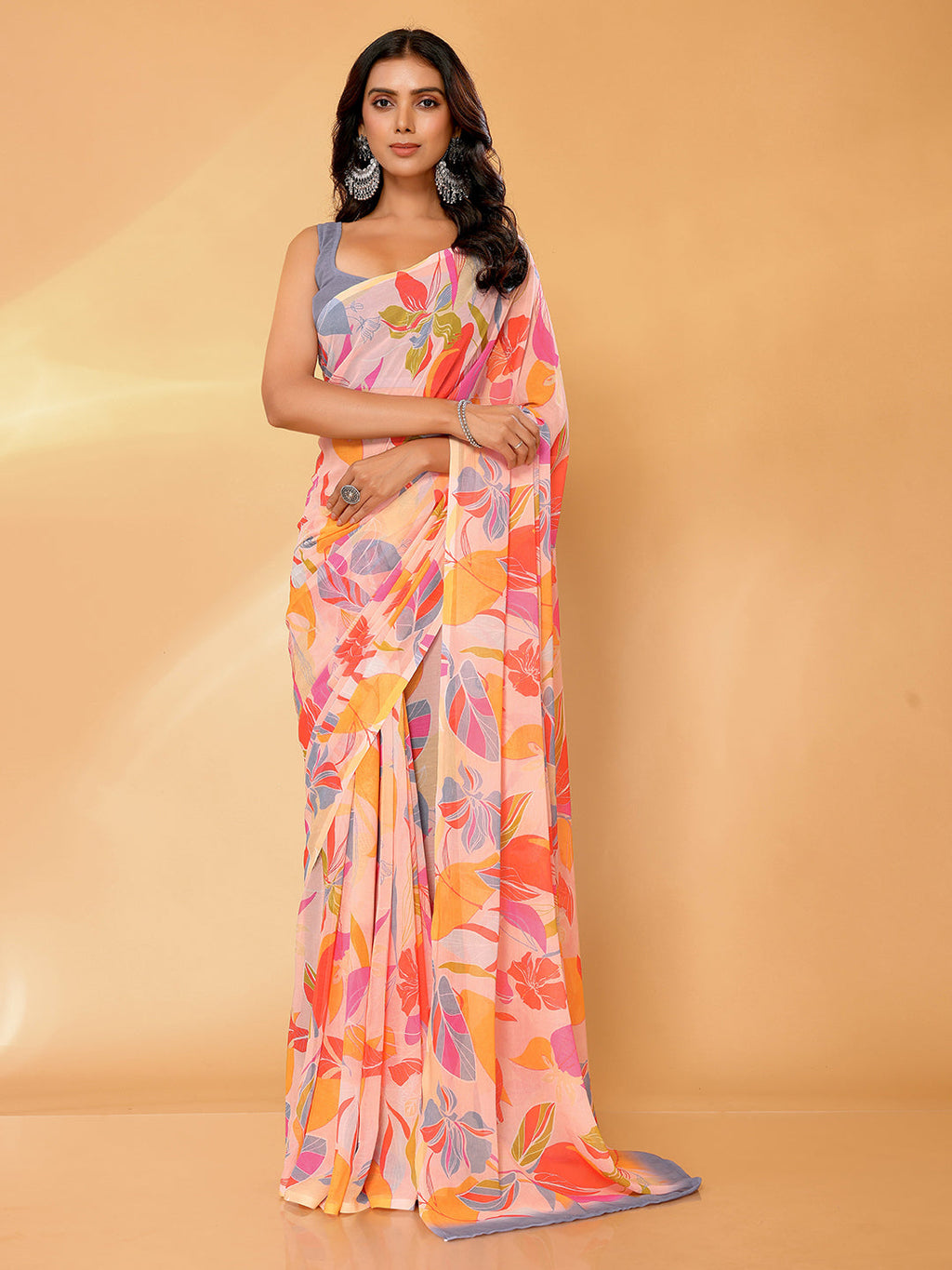 Janasya Peach Georgette Tropical Printed Saree - Distacart