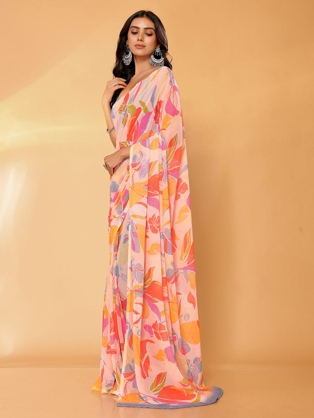 Janasya Peach Georgette Tropical Printed Saree - Distacart