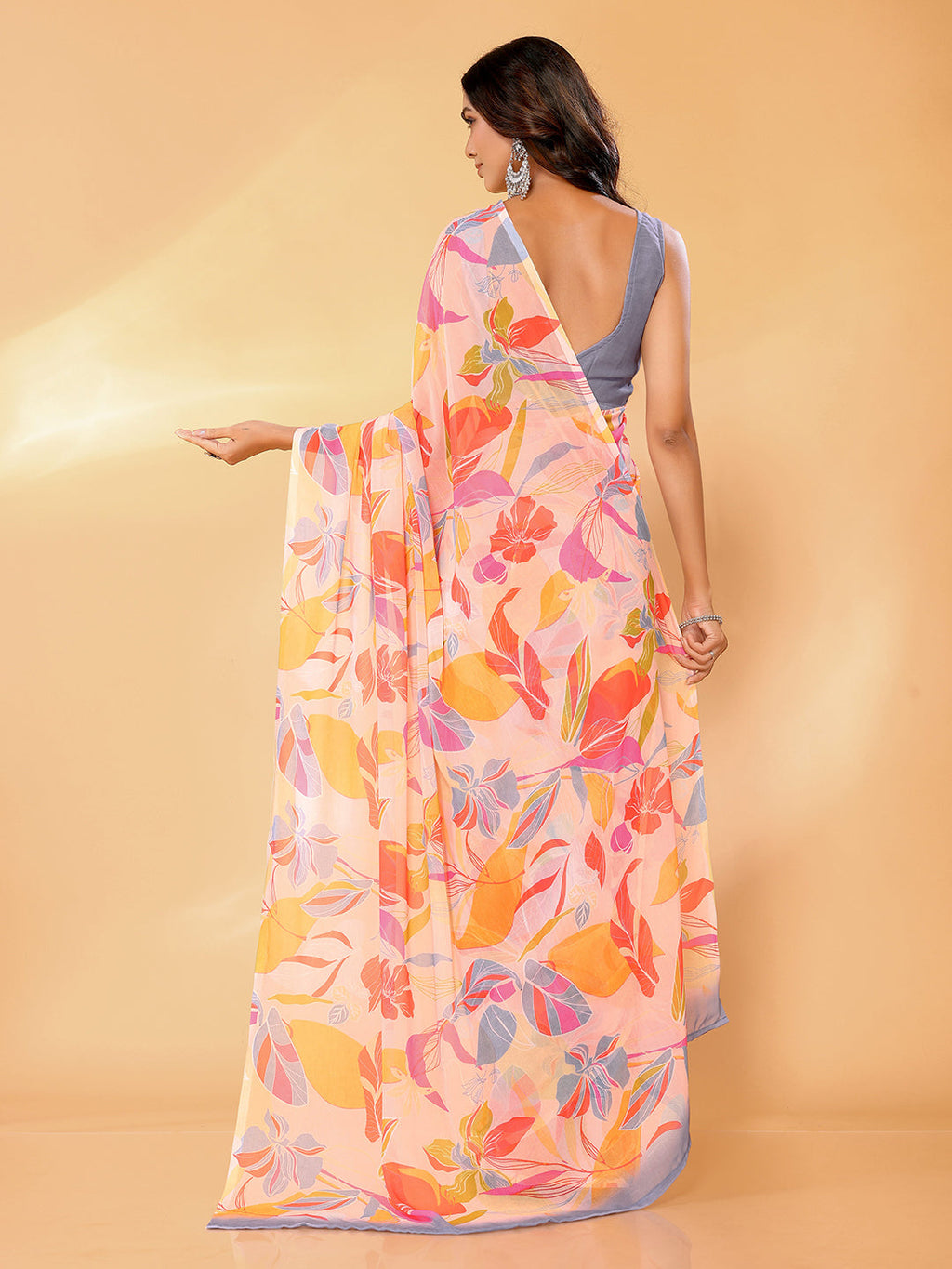 Janasya Peach Georgette Tropical Printed Saree - Distacart