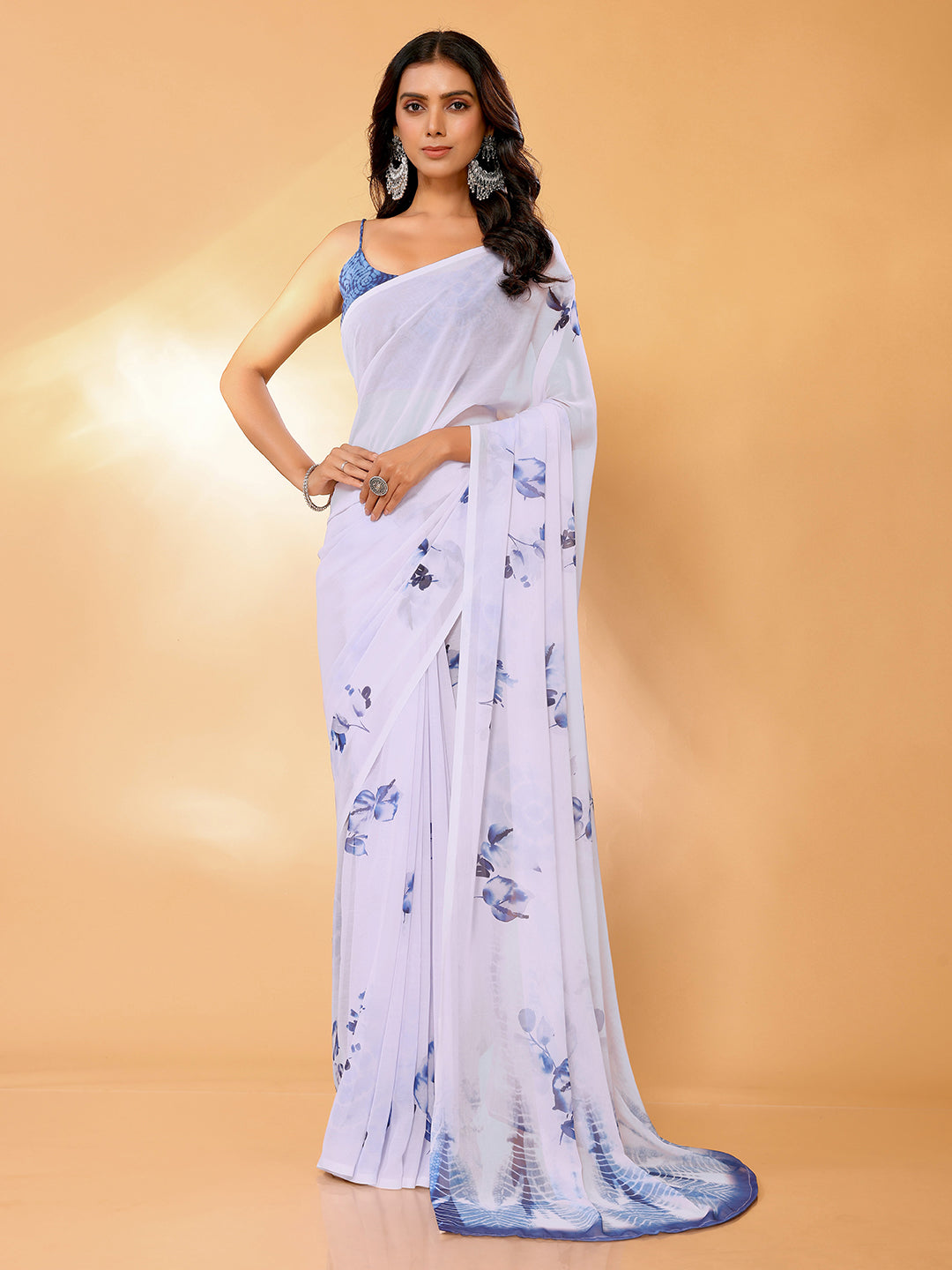 Janasya White Georgette Floral Printed Saree - Distacart
