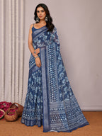 Janasya Navy Blue Cotton Linen Floral Printed Saree - Distacart