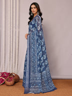 Janasya Navy Blue Cotton Linen Floral Printed Saree - Distacart