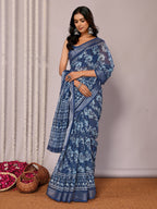 Janasya Navy Blue Cotton Linen Floral Printed Saree - Distacart