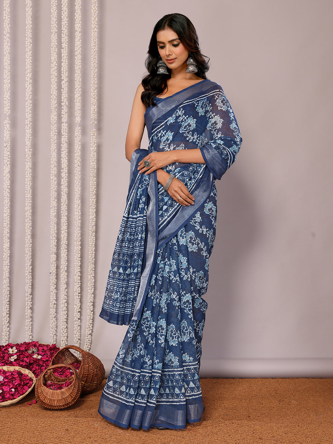 Janasya Navy Blue Cotton Linen Floral Printed Saree - Distacart
