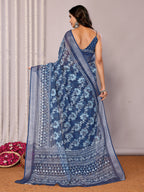 Janasya Navy Blue Cotton Linen Floral Printed Saree - Distacart