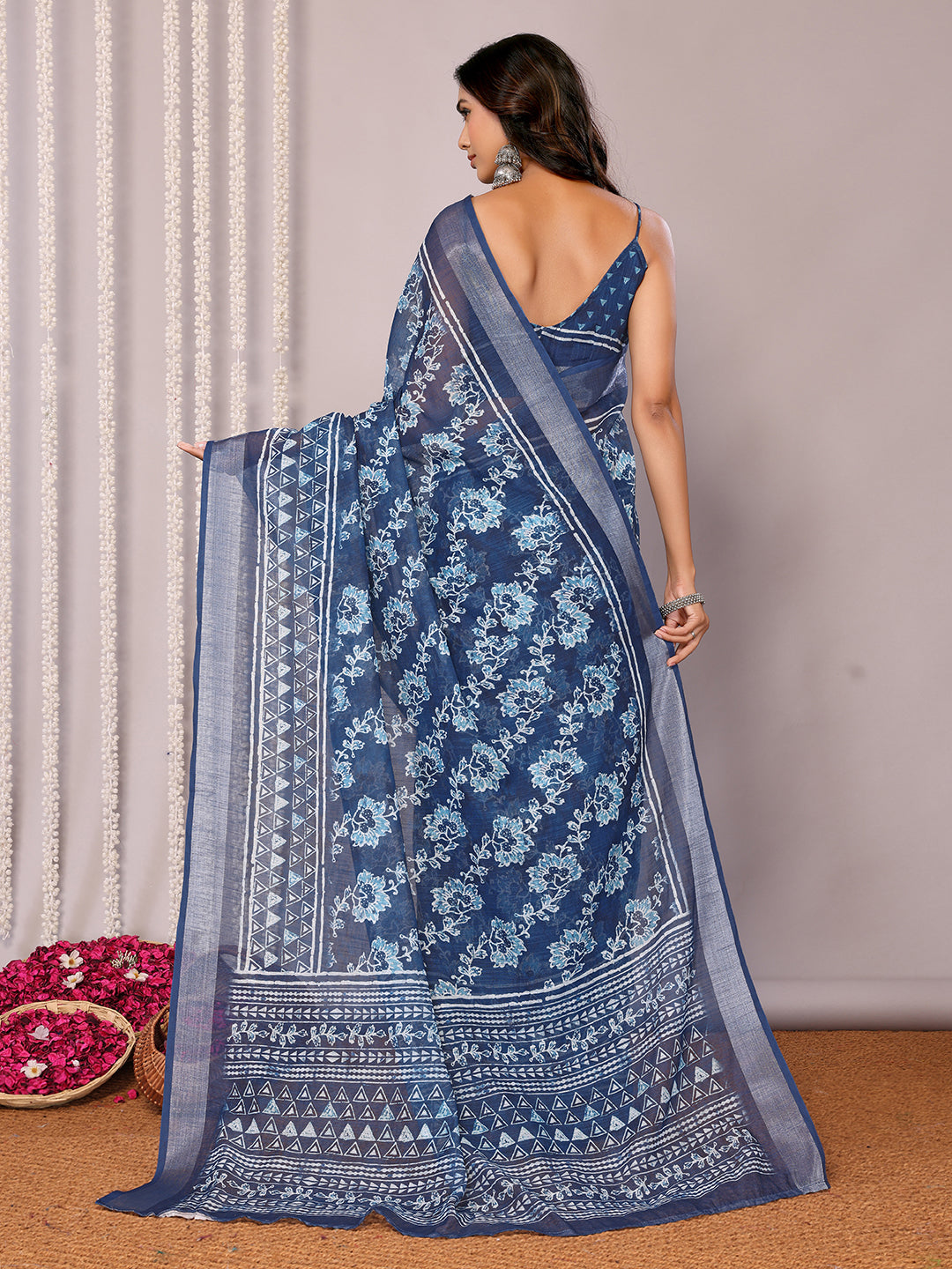 Janasya Navy Blue Cotton Linen Floral Printed Saree - Distacart