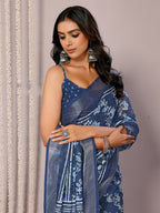 Janasya Navy Blue Cotton Linen Floral Printed Saree - Distacart