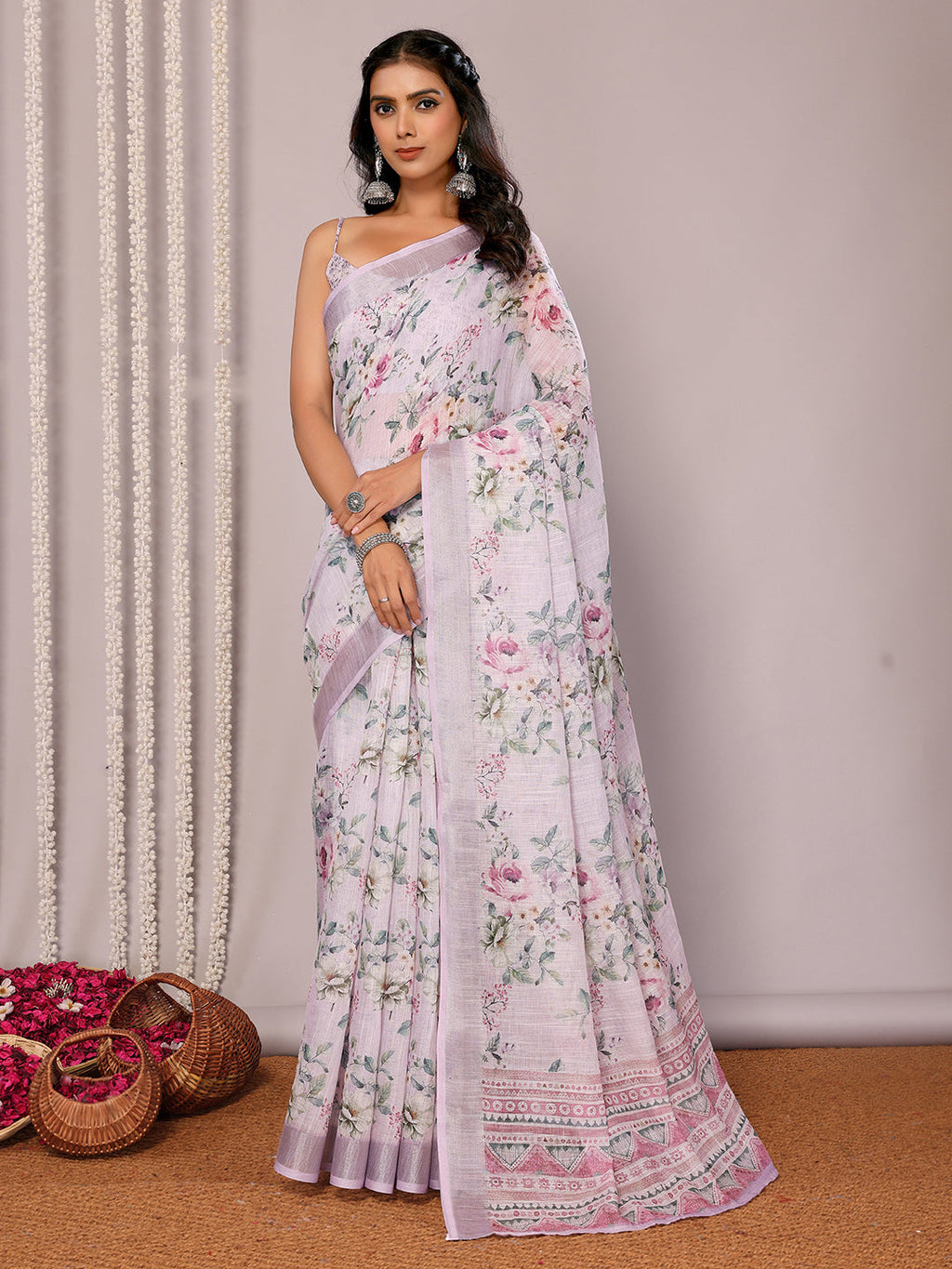 Janasya Lavender Cotton Linen Floral Printed Saree - Distacart