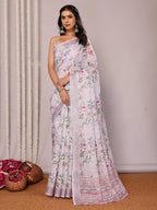 Janasya Lavender Cotton Linen Floral Printed Saree - Distacart