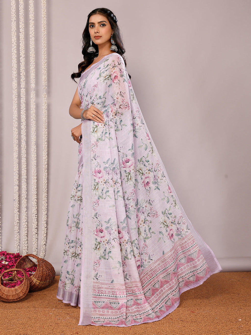 Janasya Lavender Cotton Linen Floral Printed Saree - Distacart
