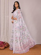 Janasya Lavender Cotton Linen Floral Printed Saree - Distacart