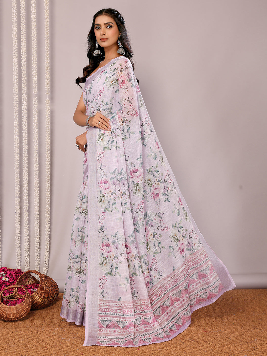 Janasya Lavender Cotton Linen Floral Printed Saree - Distacart