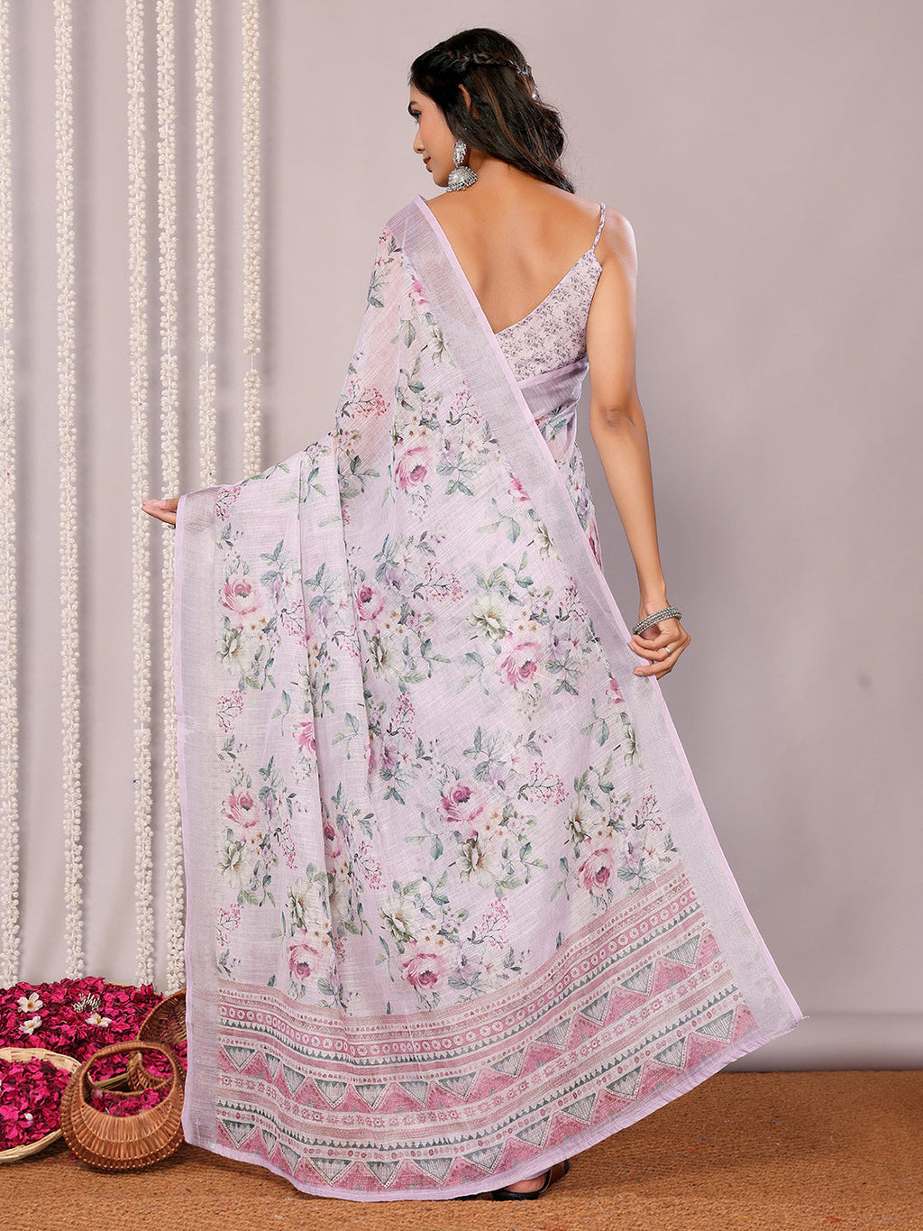 Janasya Lavender Cotton Linen Floral Printed Saree - Distacart