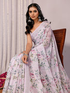 Janasya Lavender Cotton Linen Floral Printed Saree - Distacart