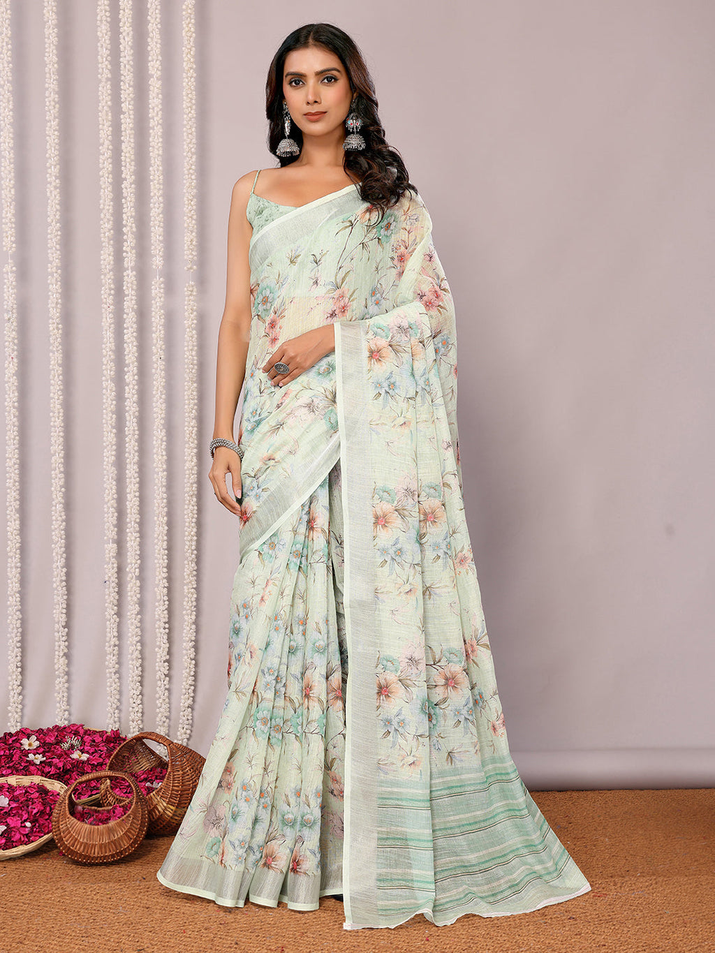 Janasya Light Green Cotton Linen Floral Printed Saree - Distacart