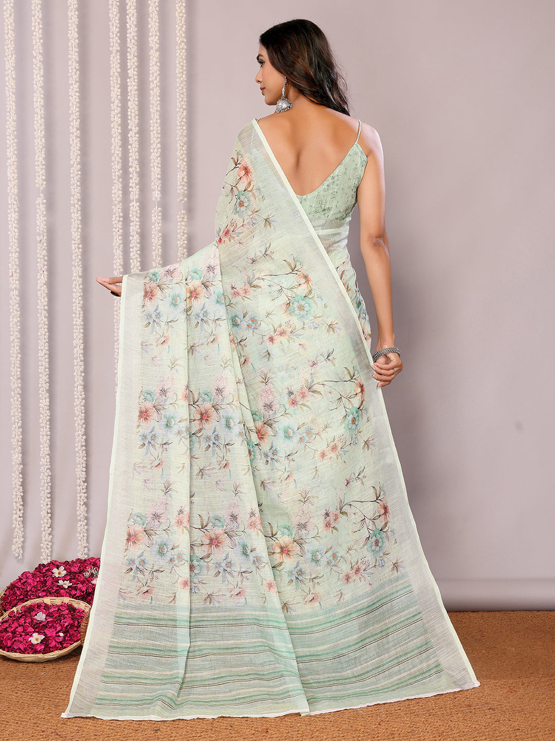 Janasya Light Green Cotton Linen Floral Printed Saree - Distacart