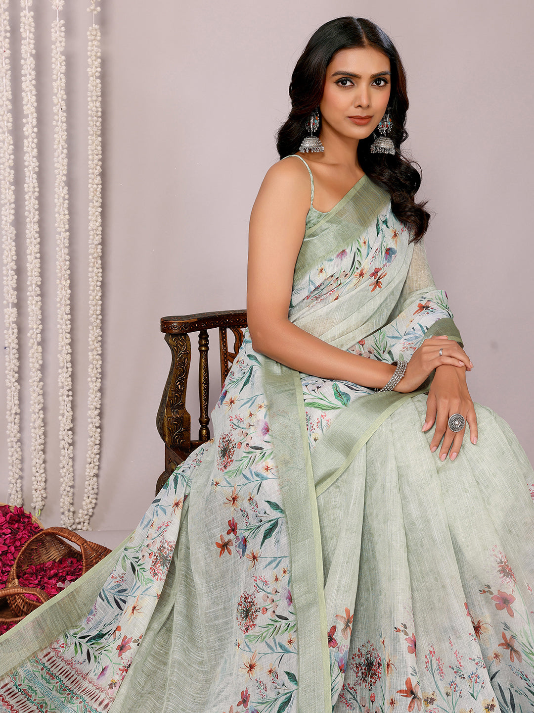 Janasya Light Green Cotton Linen Floral Printed Saree - Distacart