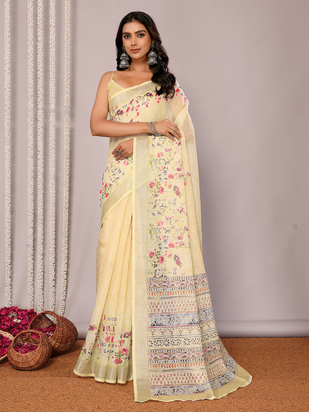 Janasya Light Yellow Cotton Linen Floral Printed Saree - Distacart
