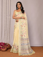Janasya Light Yellow Cotton Linen Floral Printed Saree - Distacart