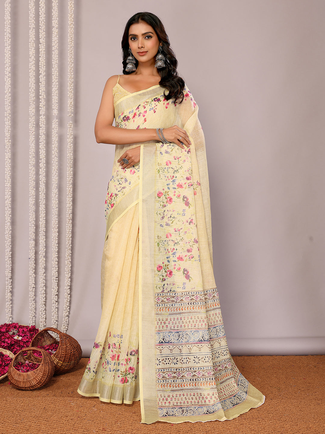 Janasya Light Yellow Cotton Linen Floral Printed Saree - Distacart