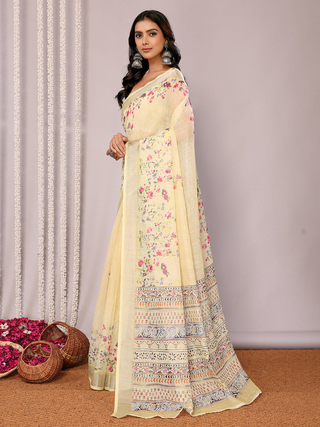 Janasya Light Yellow Cotton Linen Floral Printed Saree - Distacart