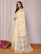 Janasya Light Yellow Cotton Linen Floral Printed Saree - Distacart
