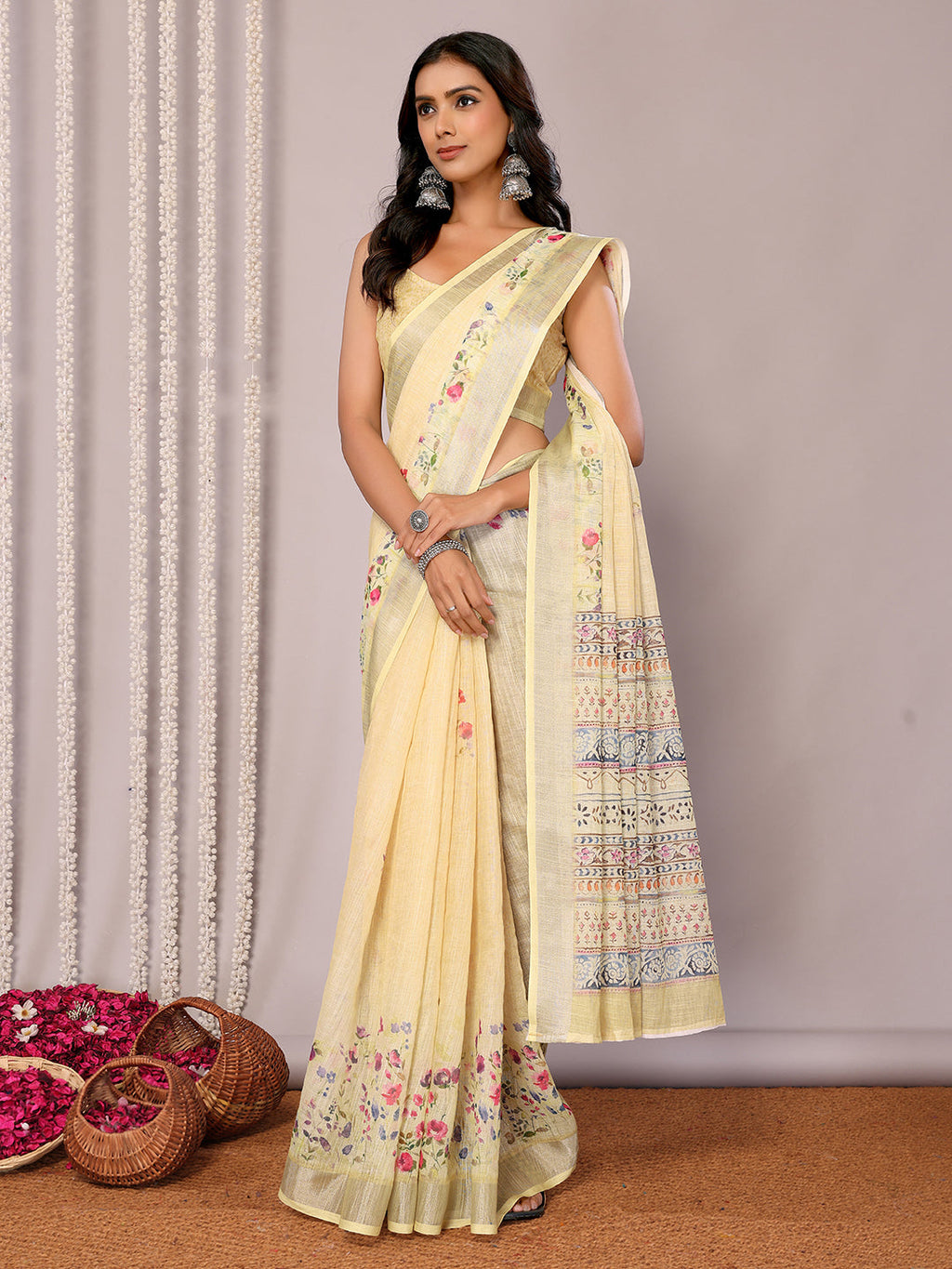 Janasya Light Yellow Cotton Linen Floral Printed Saree - Distacart
