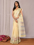 Janasya Light Yellow Cotton Linen Floral Printed Saree - Distacart