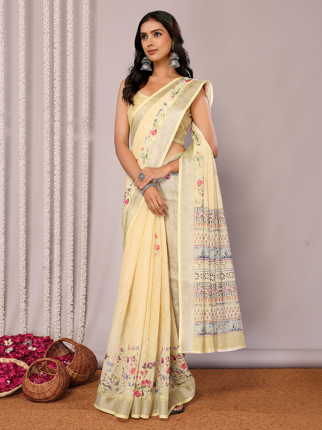 Janasya Light Yellow Cotton Linen Floral Printed Saree - Distacart