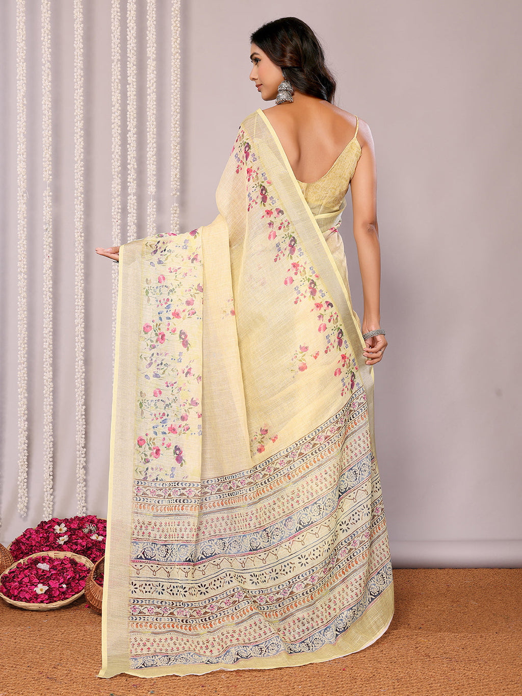 Janasya Light Yellow Cotton Linen Floral Printed Saree - Distacart