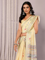 Janasya Light Yellow Cotton Linen Floral Printed Saree - Distacart