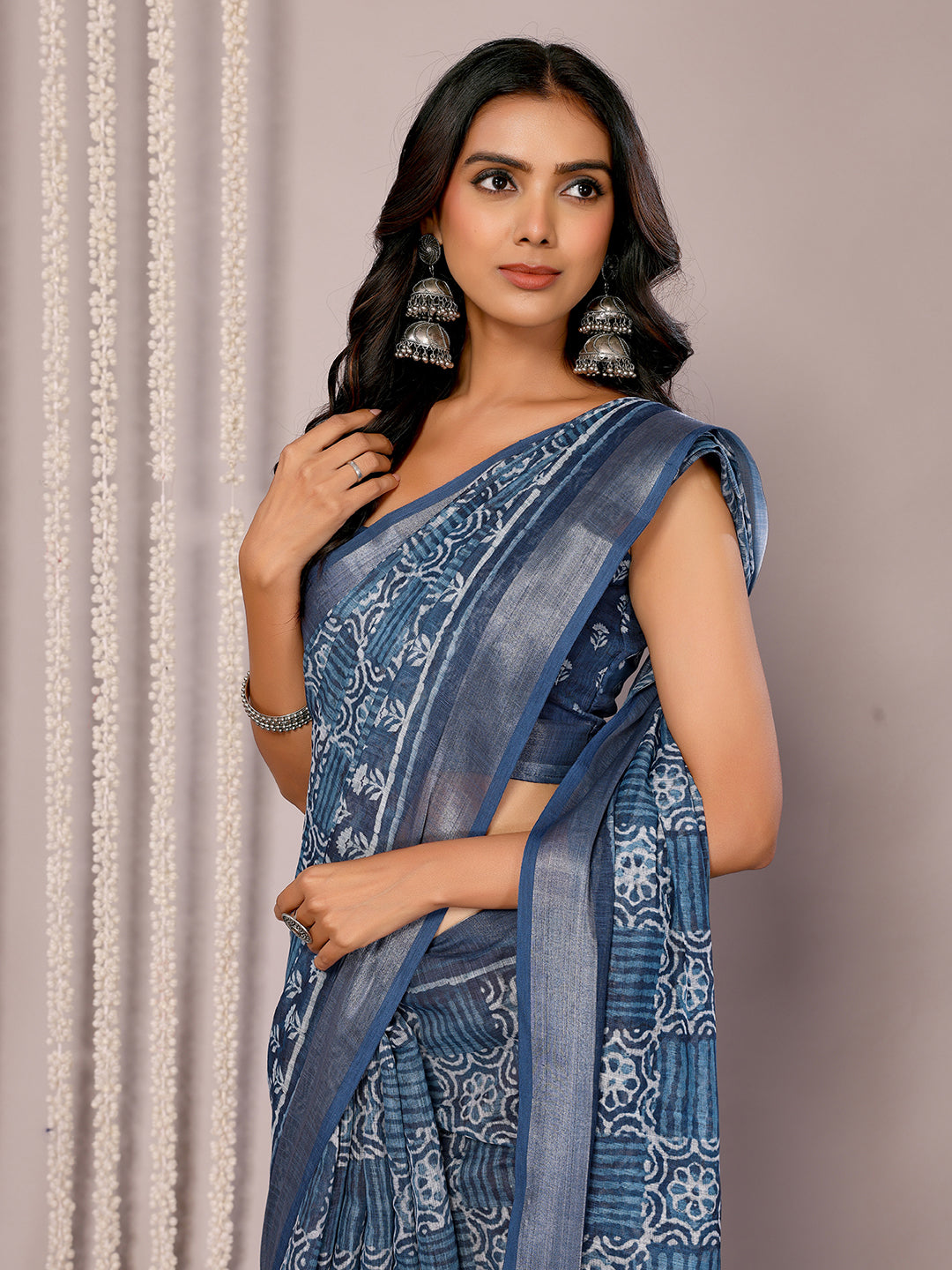 Janasya Navy Blue Cotton Linen Block Print Printed Saree - Distacart