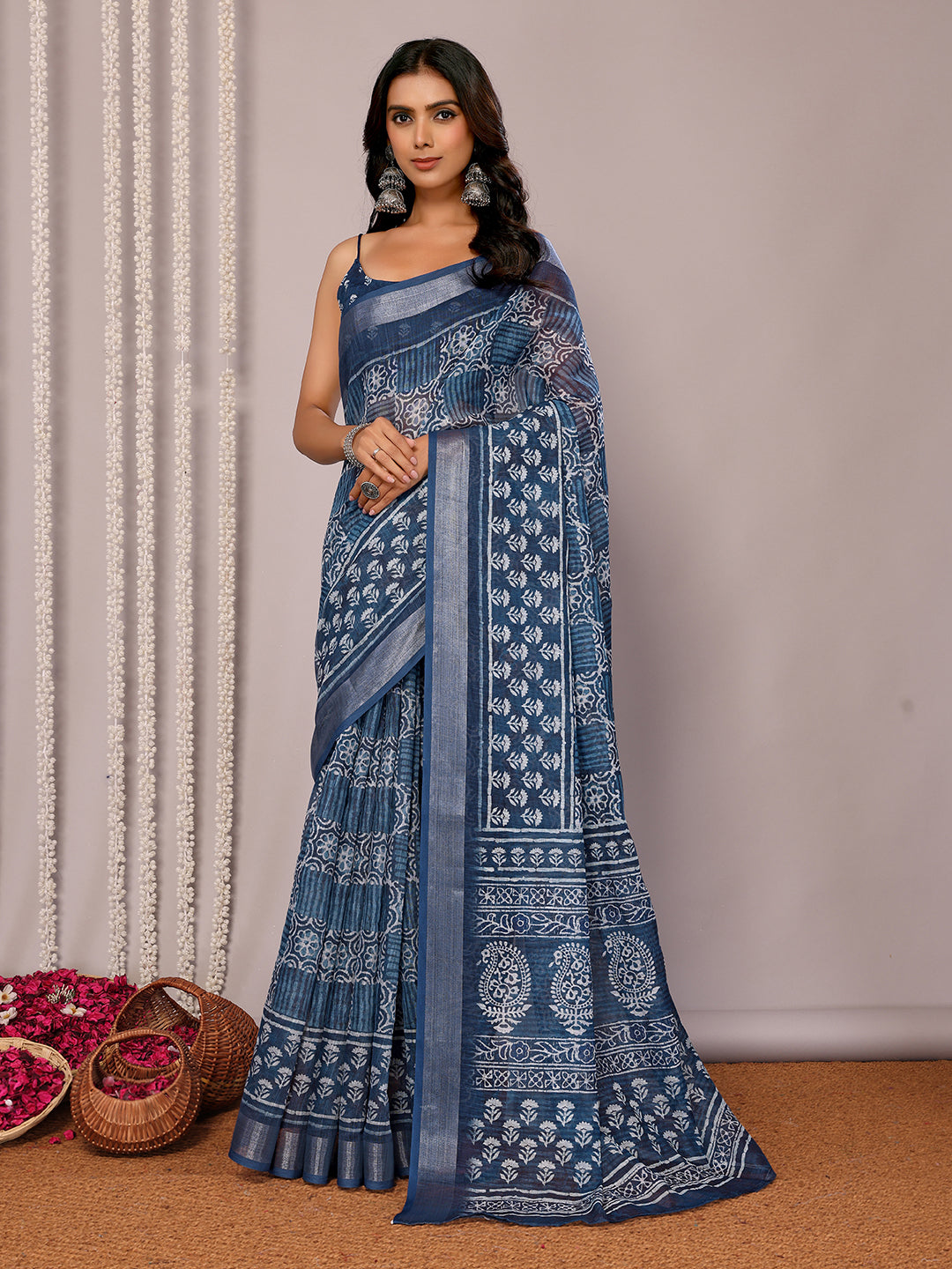 Janasya Navy Blue Cotton Linen Block Print Printed Saree - Distacart