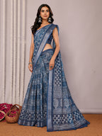 Janasya Navy Blue Cotton Linen Block Print Printed Saree - Distacart