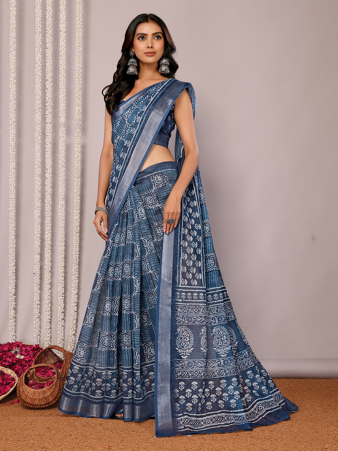 Janasya Navy Blue Cotton Linen Block Print Printed Saree - Distacart