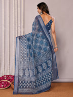 Janasya Navy Blue Cotton Linen Block Print Printed Saree - Distacart
