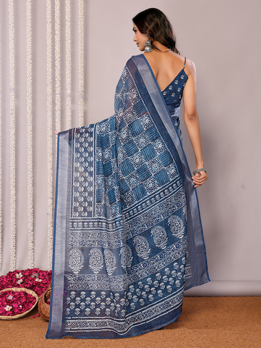 Janasya Navy Blue Cotton Linen Block Print Printed Saree - Distacart