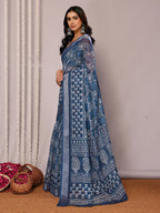 Janasya Navy Blue Cotton Linen Block Print Printed Saree - Distacart