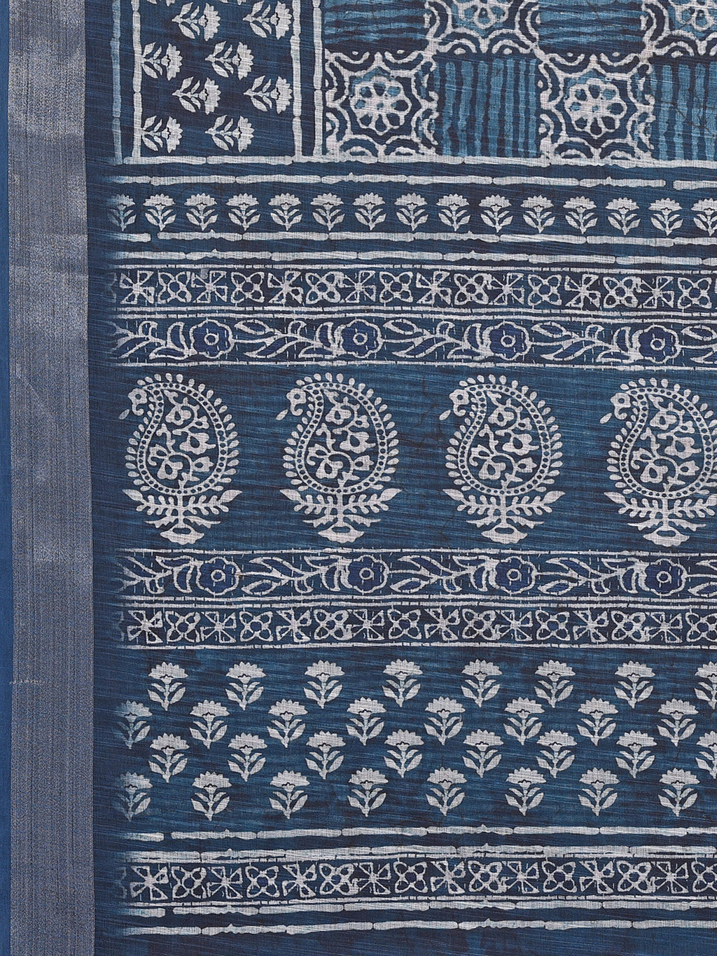Janasya Navy Blue Cotton Linen Block Print Printed Saree - Distacart