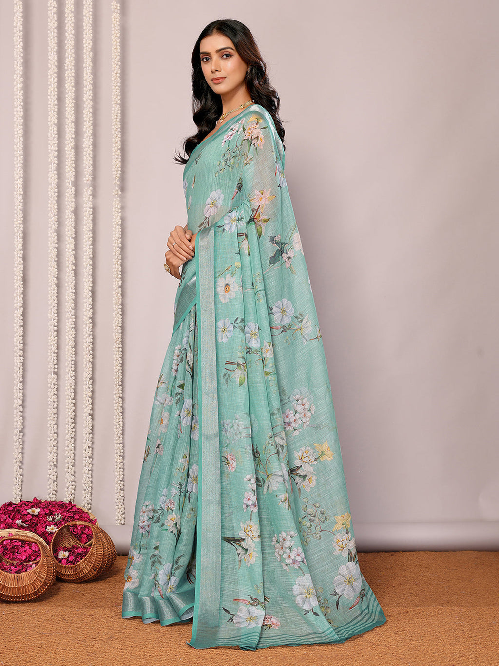 Janasya Sage Green Cotton Linen Floral Printed Saree - Distacart