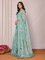 Janasya Sage Green Cotton Linen Floral Printed Saree - Distacart
