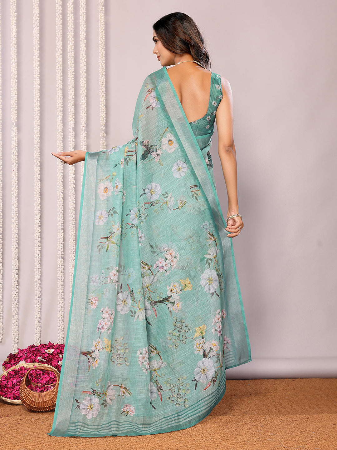 Janasya Sage Green Cotton Linen Floral Printed Saree - Distacart