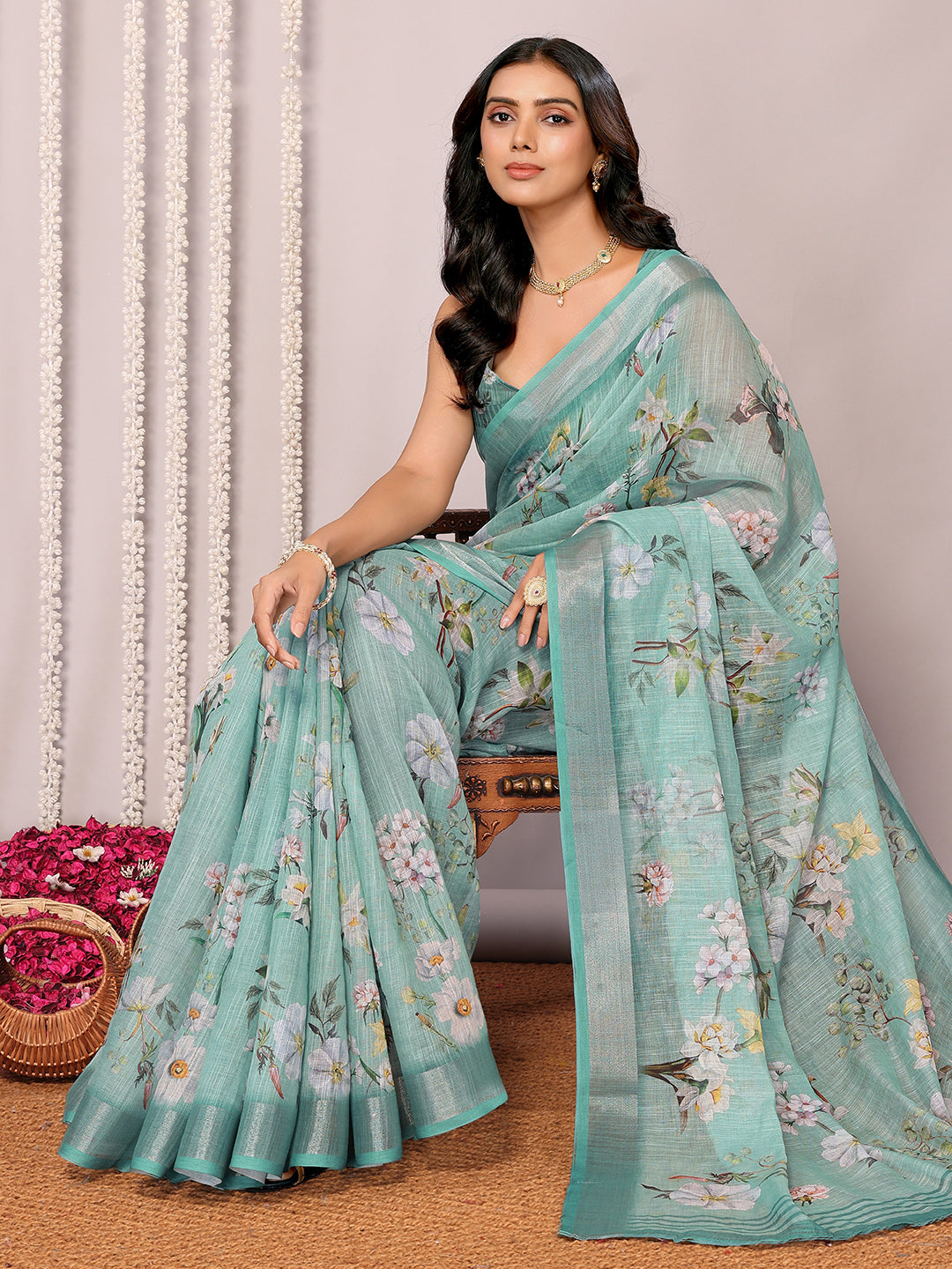 Janasya Sage Green Cotton Linen Floral Printed Saree - Distacart