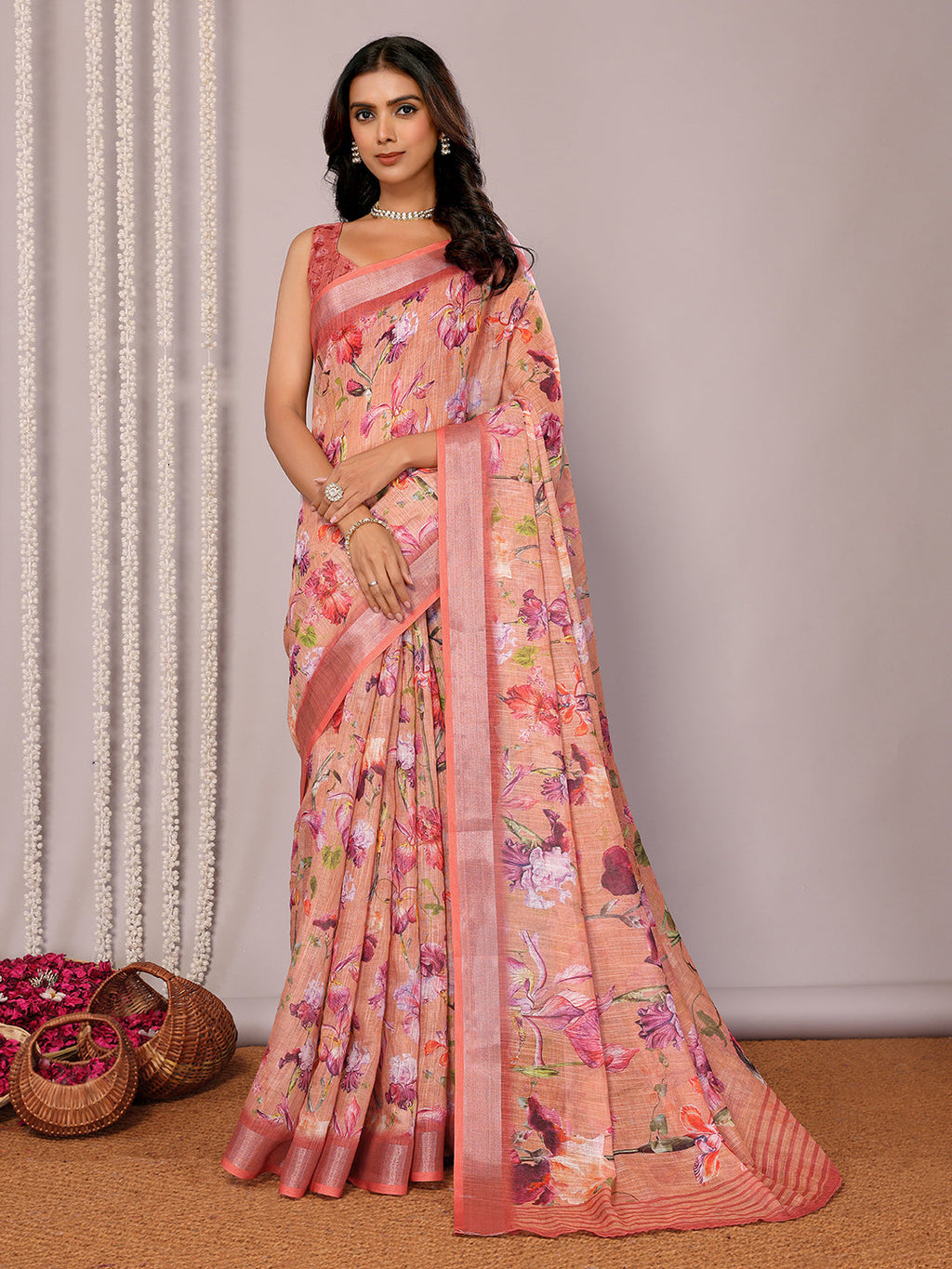 Janasya Peach Cotton Linen Floral Printed Saree - Distacart