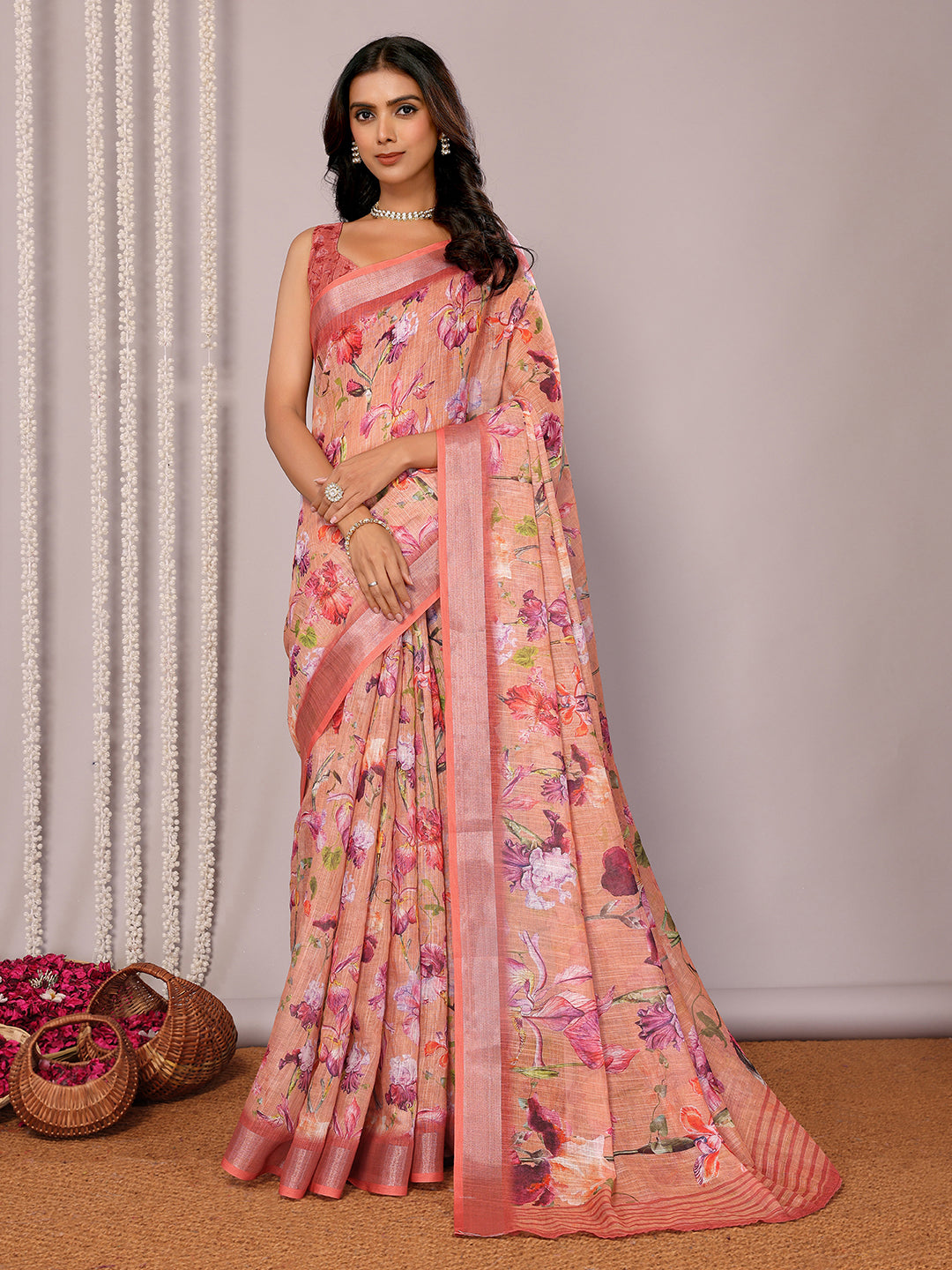 Janasya Peach Cotton Linen Floral Printed Saree - Distacart
