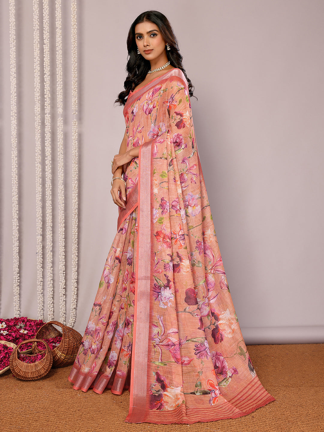 Janasya Peach Cotton Linen Floral Printed Saree - Distacart