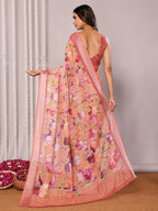 Janasya Peach Cotton Linen Floral Printed Saree - Distacart