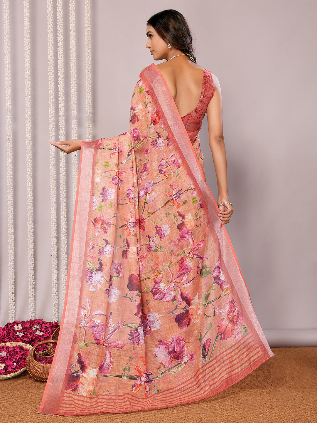 Janasya Peach Cotton Linen Floral Printed Saree - Distacart